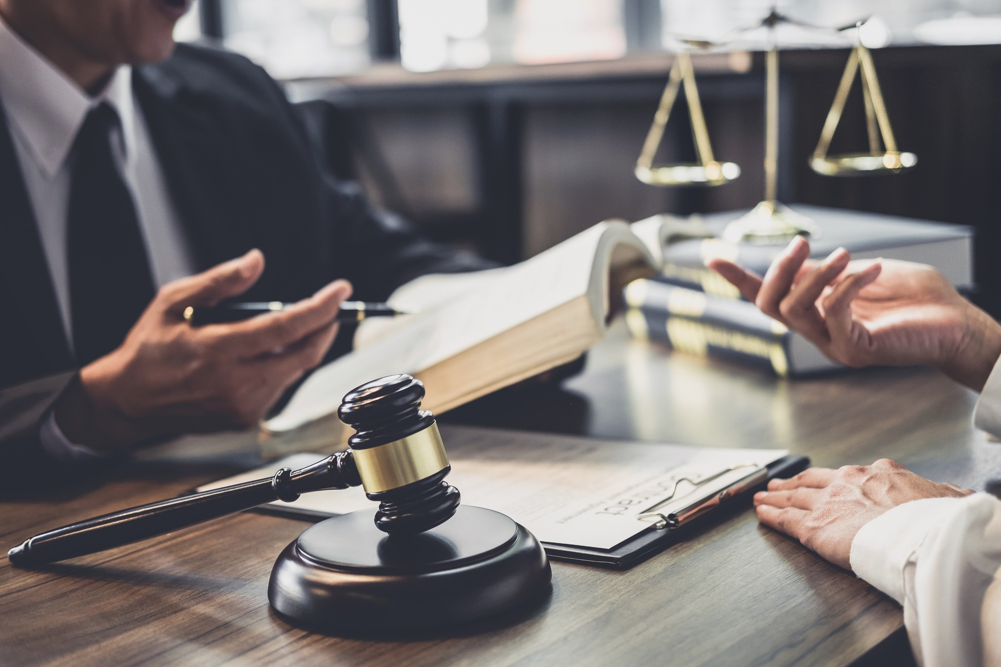 Good Service Cooperation, Consultation of Businesswoman and Male Lawyer or Judge Counselor Having Team Meeting With Client, Law and Legal Services Concept.